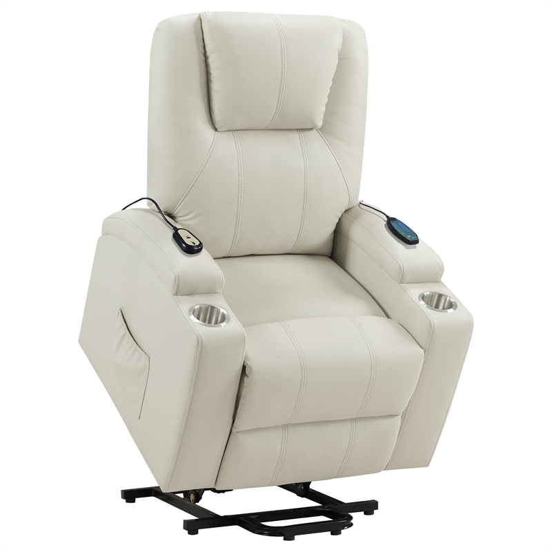 Coaster Armstrong Transitional Faux Leather Power Lift Massage Recliner in Ivory