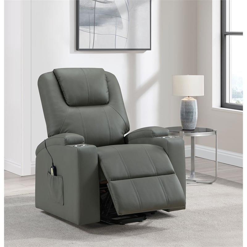 Coaster Armstrong Transitional Faux Leather Power Lift Massage Recliner in Gray