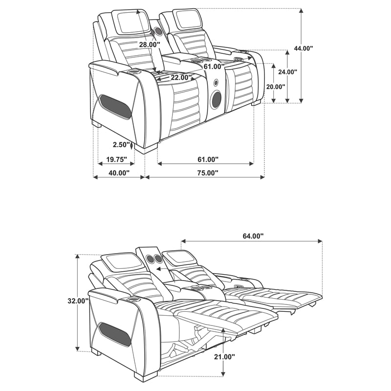 Coaster Zuma Upholstered Faux Leather Dual Power Reclining LED Loveseat in Black