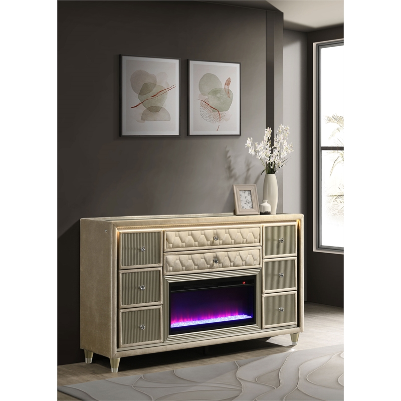 Coaster Lorient 8-drawer Wood LED Bedroom Flame Box Dresser in Ivory/Camel