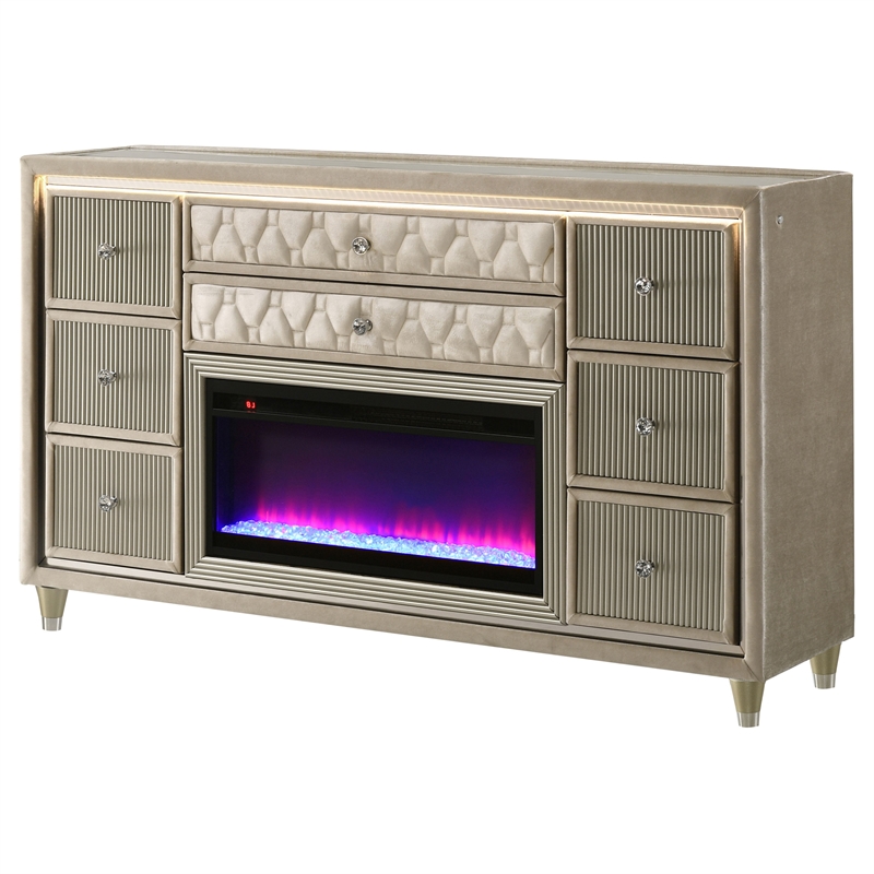 Coaster Lorient 8-drawer Wood LED Bedroom Flame Box Dresser in Ivory/Camel