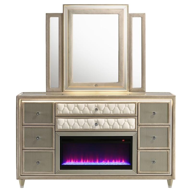 Coaster Lorient 8-drawer Wood LED Flame Box Dresser with Mirror in Ivory/Camel