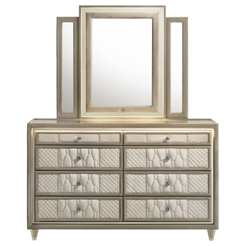 Coaster Lorient 8-drawer Traditional Wood LED Dresser with Mirror in Ivory/Camel