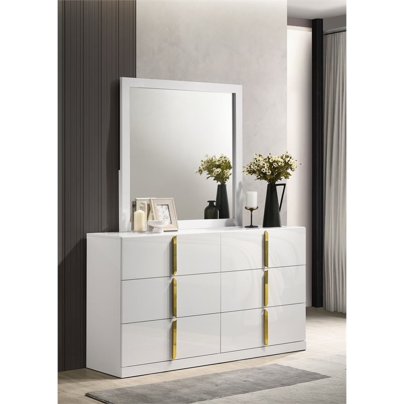 Coaster Ines 6-drawer Wood Bedroom Dresser with Mirror in White High Gloss