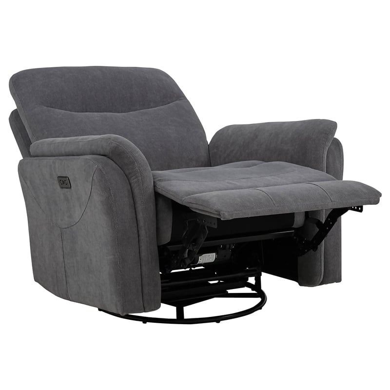 Coaster Adler Upholstered Fabric Power Swivel Glider Recliner in Charcoal Gray