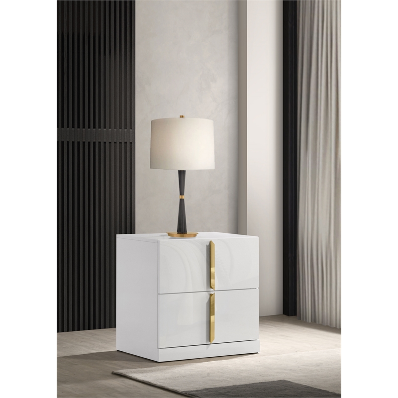 Coaster Ines 2-drawer Wood Nightstand Bedside Table in White High Gloss