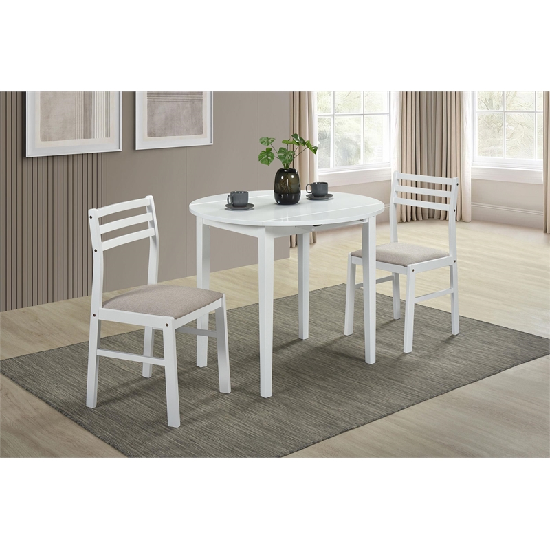 Coaster Bucknell 3-Piece Round Wood Drop Leaf Dining Table Set in White/Beige