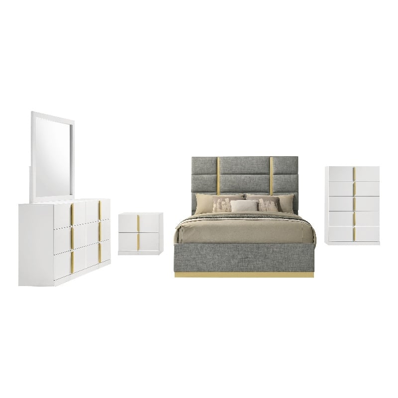 Coaster Ines 5-Piece Wood & Fabric Eastern King Bedroom Set in Gray/White