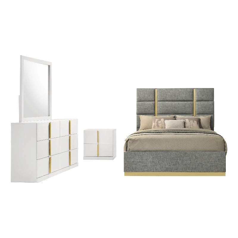 Coaster Ines 4-Piece Wood & Fabric Eastern King Bedroom Set in Gray/White