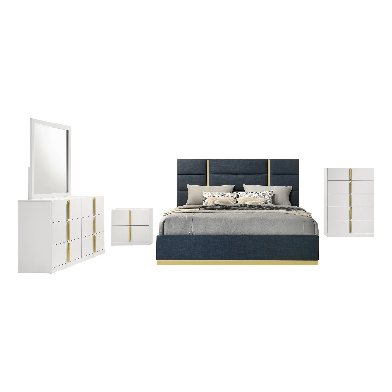 Coaster Ines 5-Piece Wood & Fabric Queen Bedroom Set in Navy Blue/White