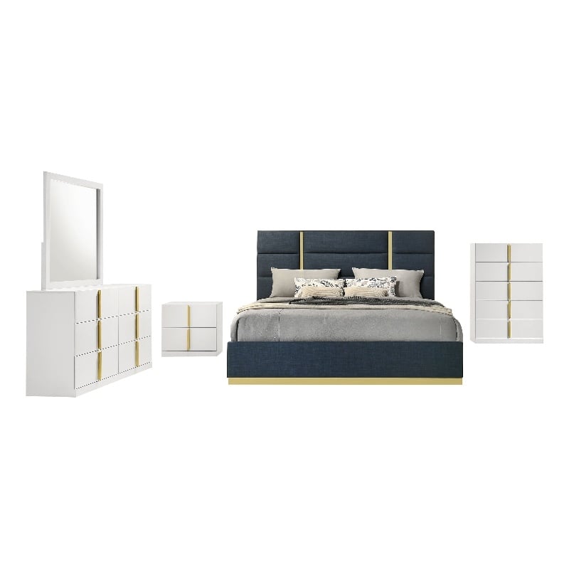 Coaster Ines 5-Piece Wood & Fabric Eastern King Bedroom Set in Navy Blue/White