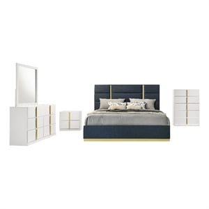 Coaster Ines 5-Piece Wood & Fabric Eastern King Bedroom Set in Navy Blue/White