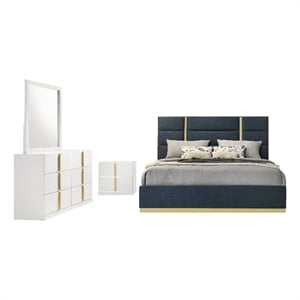 Coaster Ines 4-Piece Wood & Fabric Queen Bedroom Set in Navy Blue/White