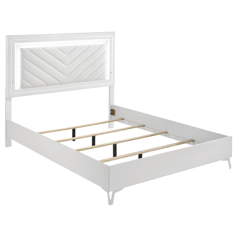 Coaster Cassia 4-Piece Wood Queen LED Bedroom Set in White High Gloss