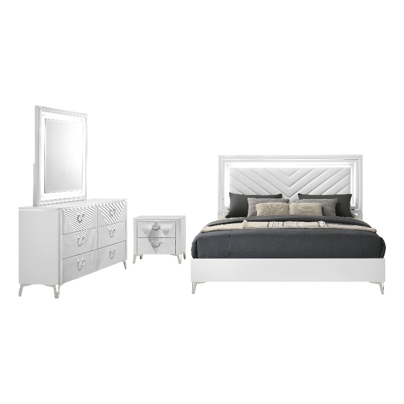 Coaster Cassia 4-Piece Wood Eastern King LED Bedroom Set in White High Gloss