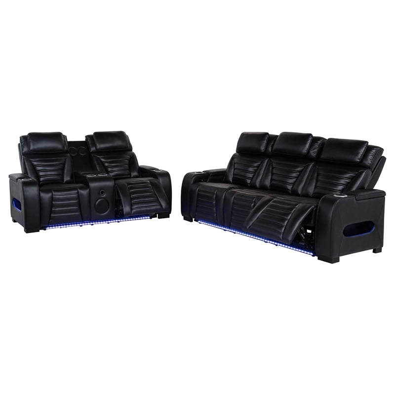 Coaster Zuma 2-Piece Contemporary Faux Leather Dual Power LED Sofa Set in Black