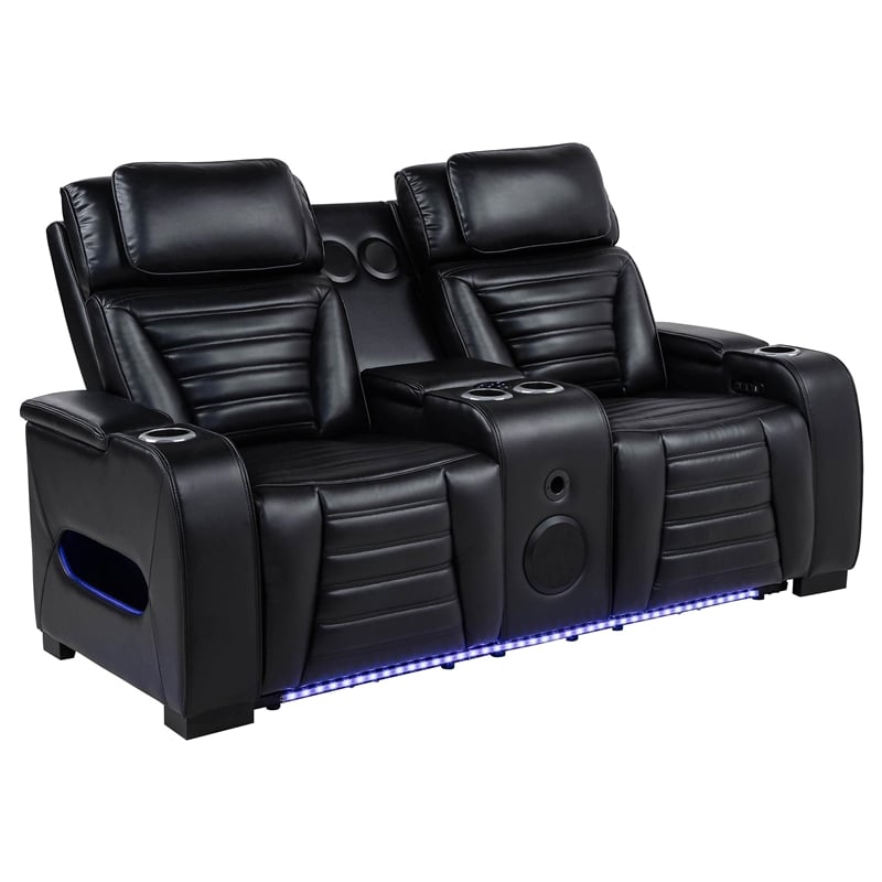 Coaster Zuma 2-Piece Contemporary Faux Leather Dual Power LED Sofa Set in Black