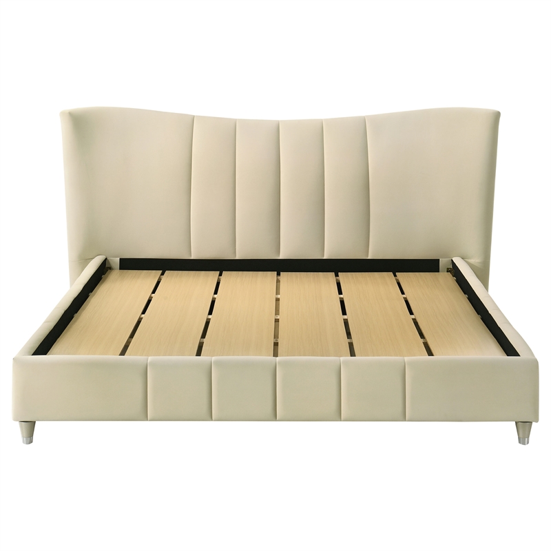 Coaster Evelyn Upholstered Velvet Eastern King Panel Platform Bed in Ivory
