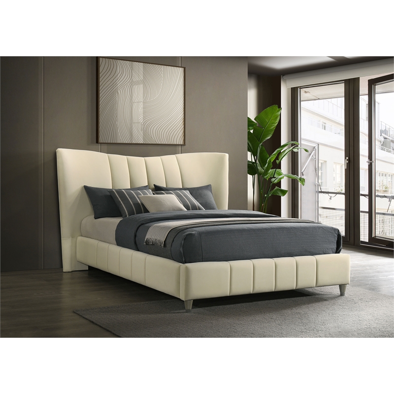 Coaster Evelyn Upholstered Velvet Queen Panel Platform Bed in Ivory