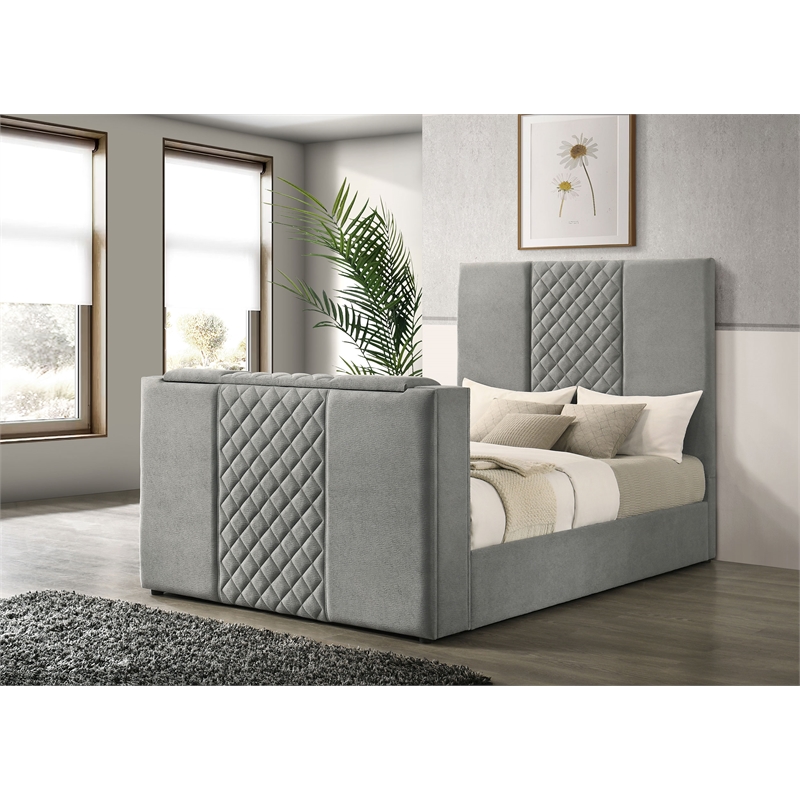 Coaster Tara Contemporary Upholstered Velvet Queen Panel TV Bed in Gray