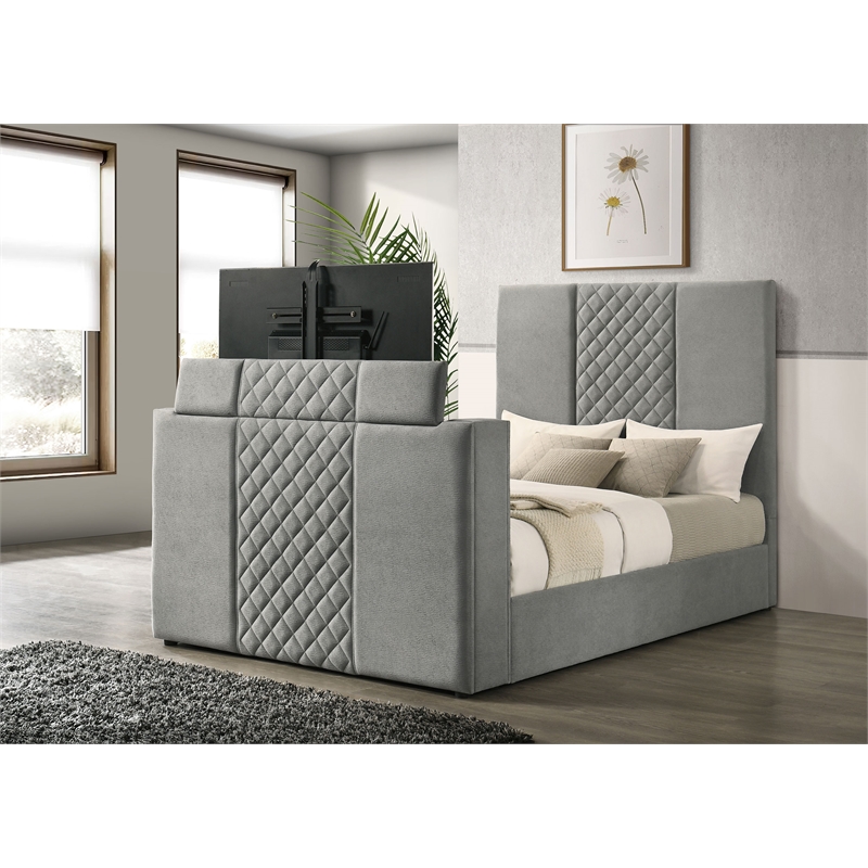 Coaster Tara Contemporary Upholstered Velvet Queen Panel TV Bed in Gray