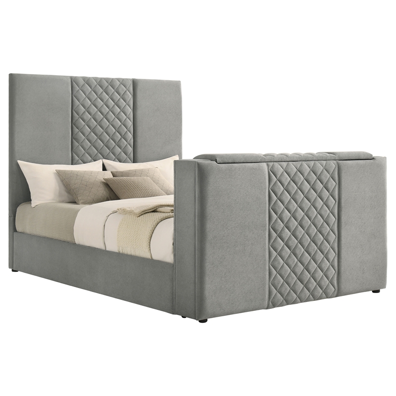 Coaster Tara Contemporary Upholstered Velvet Queen Panel TV Bed in Gray