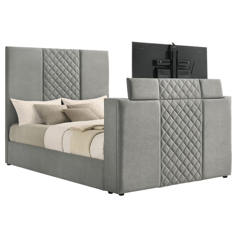 Coaster Tara Contemporary Upholstered Velvet Queen Panel TV Bed in Gray
