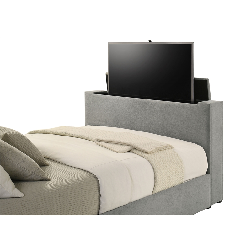 Coaster Tara Contemporary Upholstered Velvet Queen Panel TV Bed in Gray