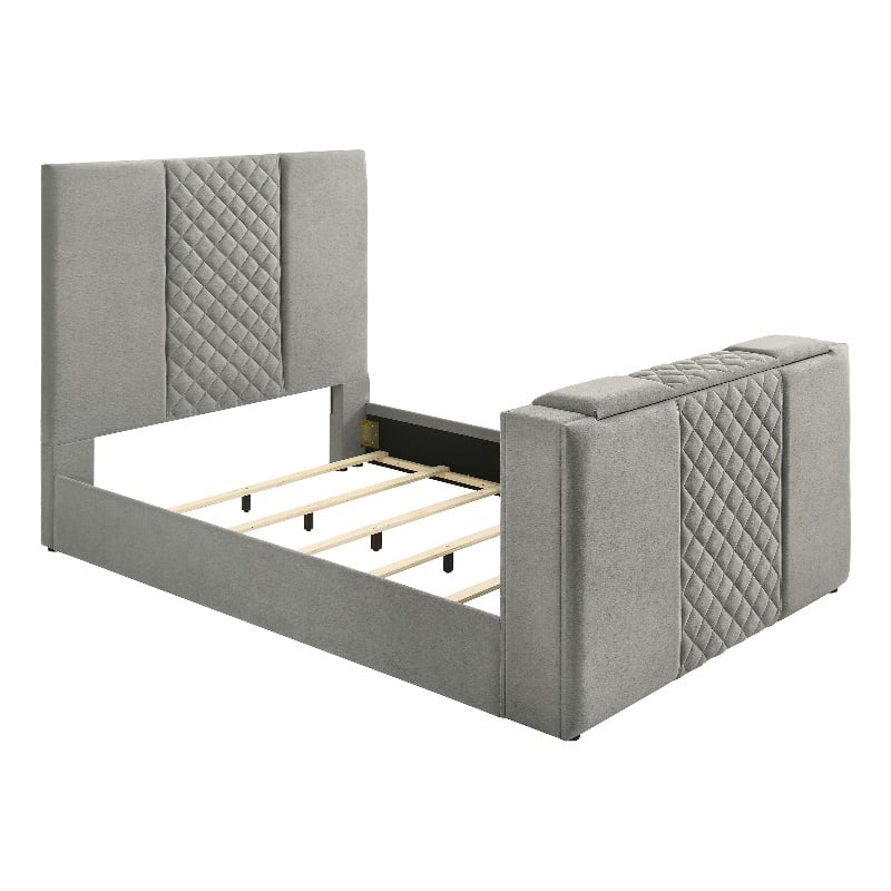 Coaster Tara Contemporary Upholstered Velvet Queen Panel TV Bed in Gray