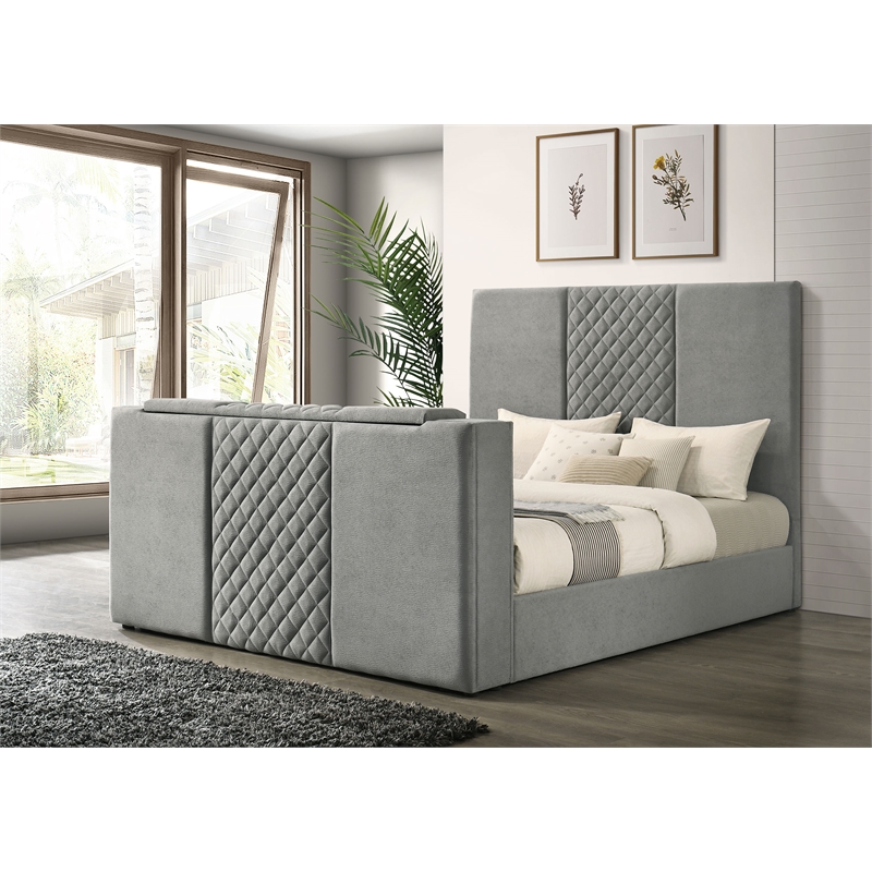 Coaster Tara Contemporary Upholstered Velvet Eastern King Panel TV Bed in Gray