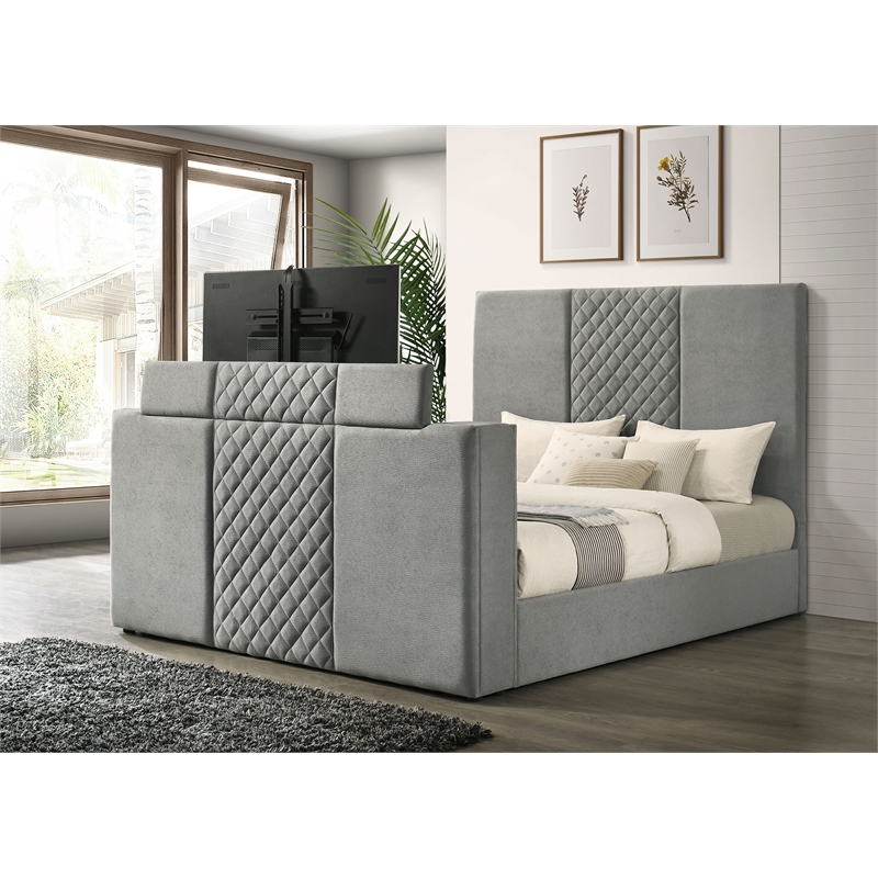 Coaster Tara Contemporary Upholstered Velvet Eastern King Panel TV Bed in Gray