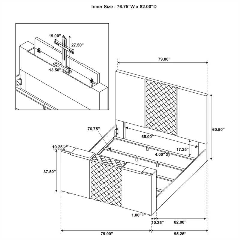 Coaster Tara Contemporary Upholstered Velvet Eastern King Panel TV Bed in Gray