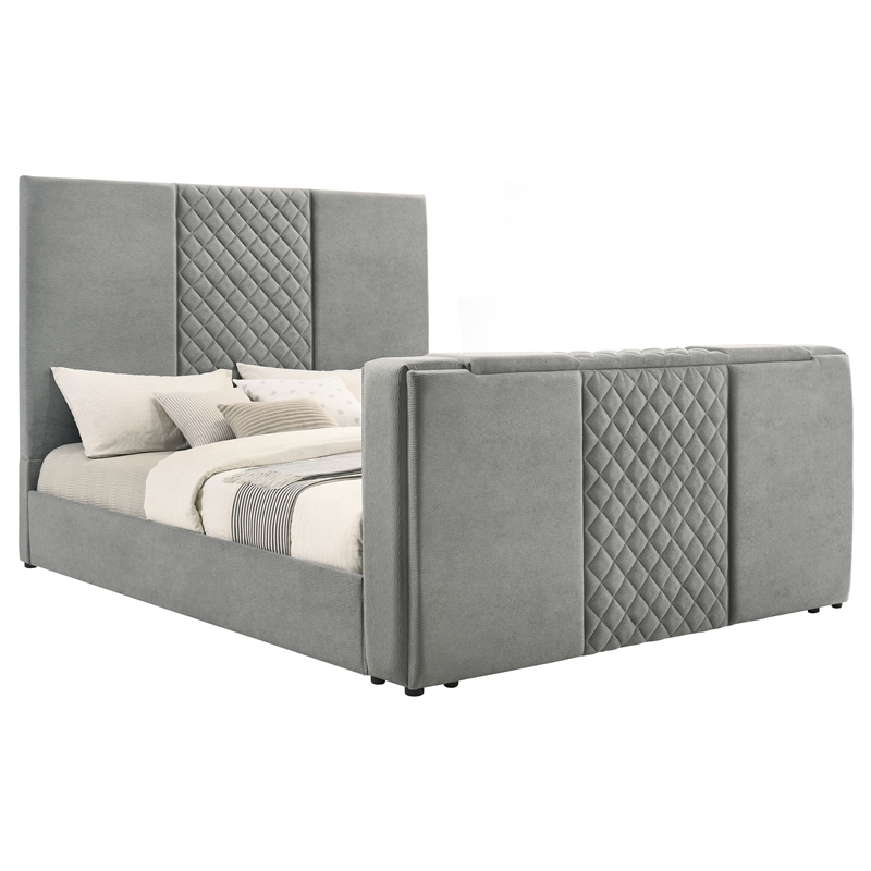 Coaster Tara Contemporary Upholstered Velvet Eastern King Panel TV Bed in Gray