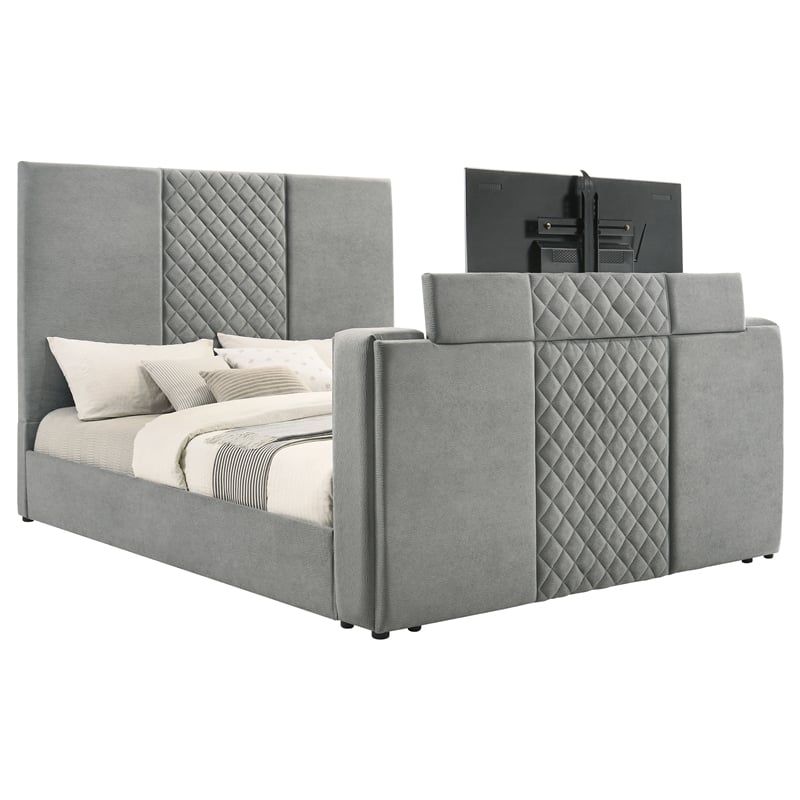 Coaster Tara Contemporary Upholstered Velvet Eastern King Panel TV Bed in Gray