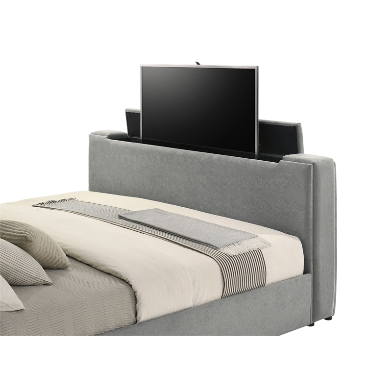 Coaster Tara Contemporary Upholstered Velvet Eastern King Panel TV Bed in Gray