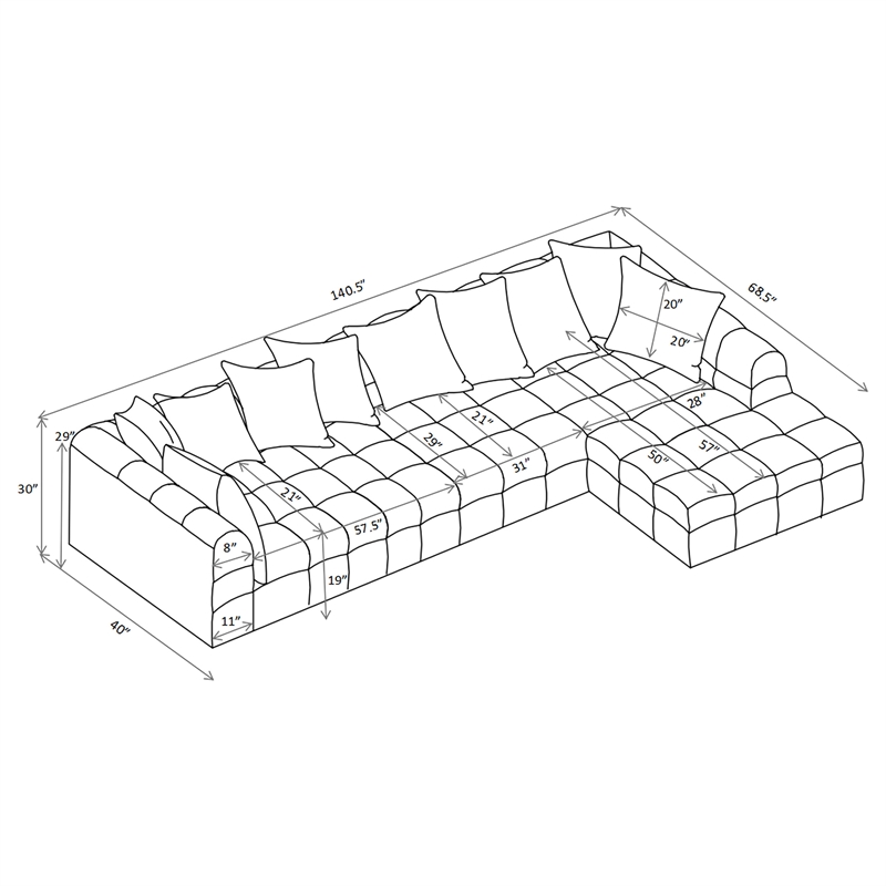 Coaster Amara 3-Piece Tufted Fabric Sectional Sofa with Black Legs in Ivory