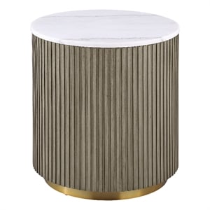 Coaster Jason Round Marble Top Drum Base Side End Table Greige White and Greige