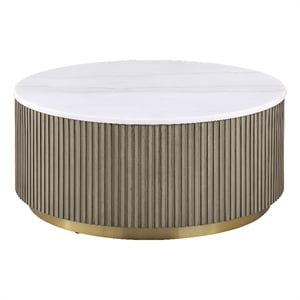 Coaster Jason Round Marble Top Drum Base Coffee Table White and Greige