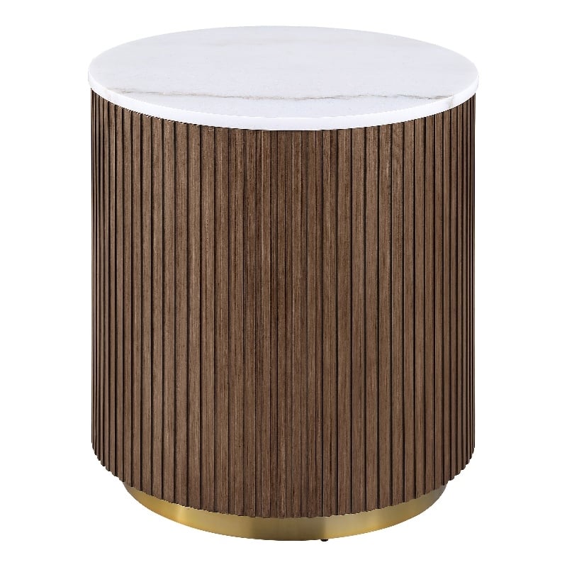 Coaster Jason Round White Marble Top Drum Base Side End Table in Honey Brown