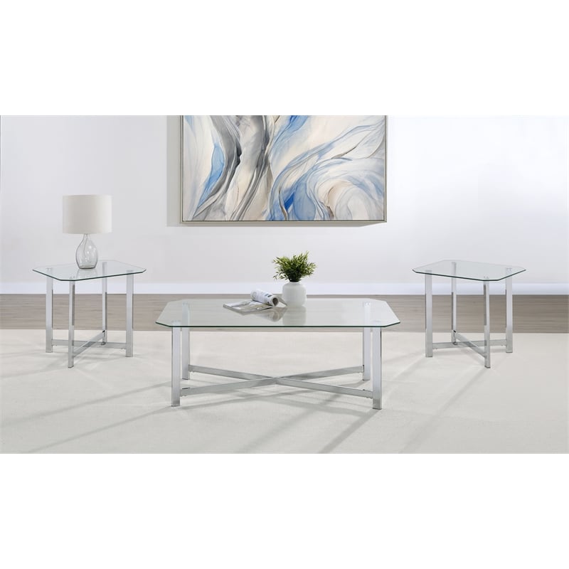 Coaster Cronin 3-piece Tempered Glass Top Metal Base Coffee Table Set in Chrome