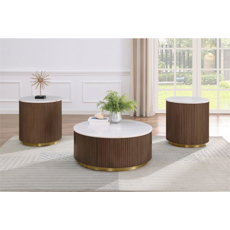 Coaster Jason 3-piece Round White Marble Coffee Table Set Honey Brown
