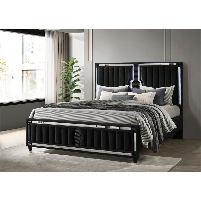 Coaster Ravenne California King LED Upholstered Velvet Panel Bed in Black