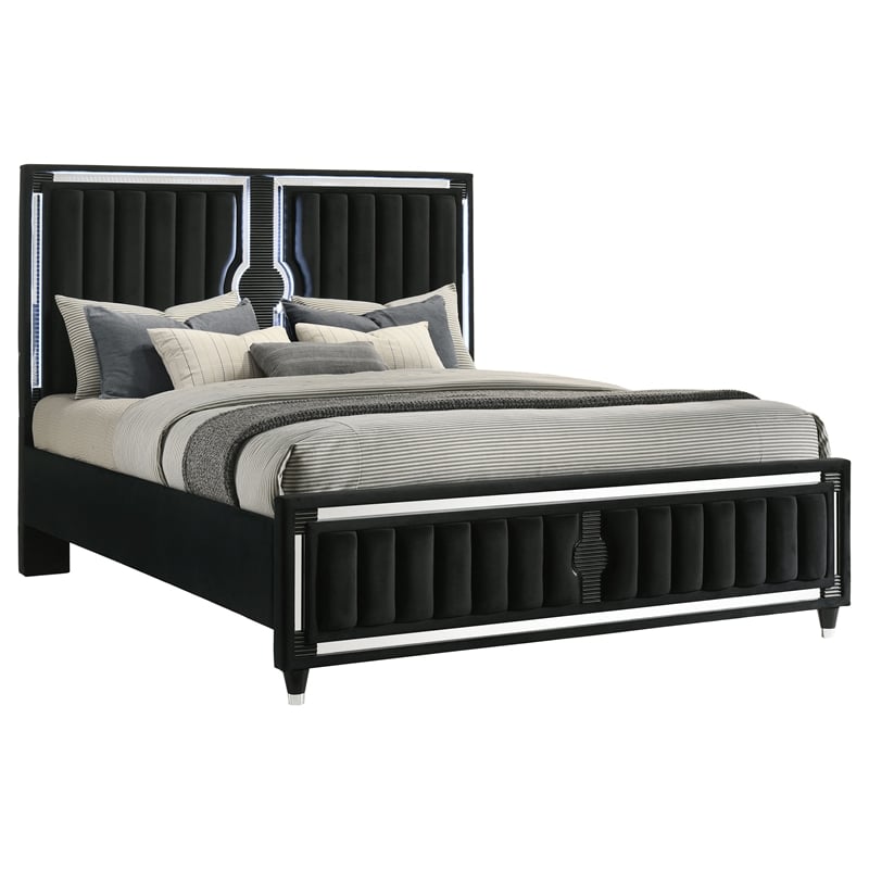 Coaster Ravenne California King LED Upholstered Velvet Panel Bed in Black