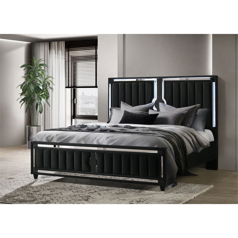 Coaster Ravenne Eastern King LED Upholstered Velvet Panel Bed in Black