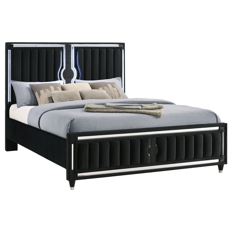 Coaster Ravenne Eastern King LED Upholstered Velvet Panel Bed in Black