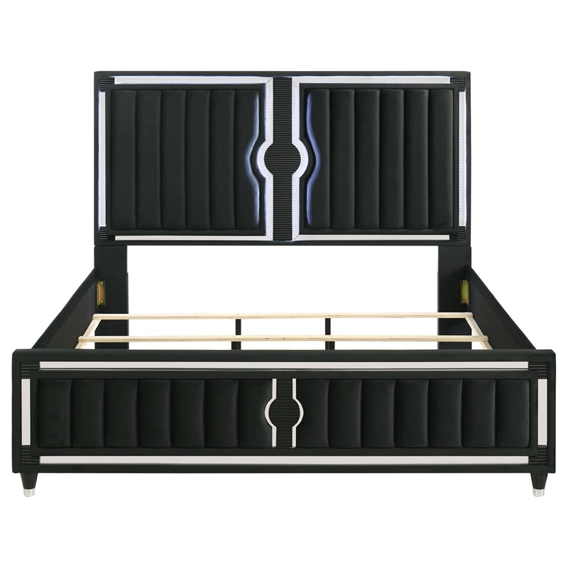 Coaster Ravenne Eastern King LED Upholstered Velvet Panel Bed in Black