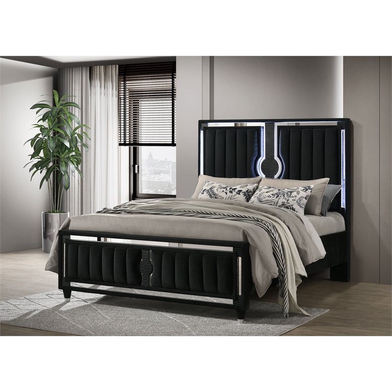 Coaster Ravenne Queen LED Upholstered Velvet Panel Bed in Black