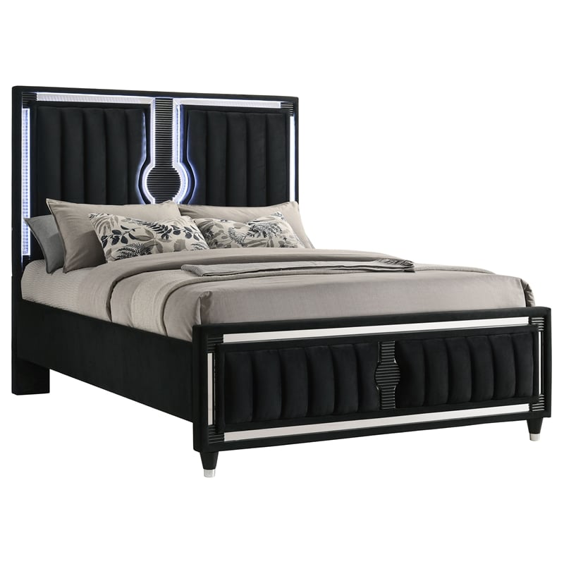 Coaster Ravenne Queen LED Upholstered Velvet Panel Bed in Black