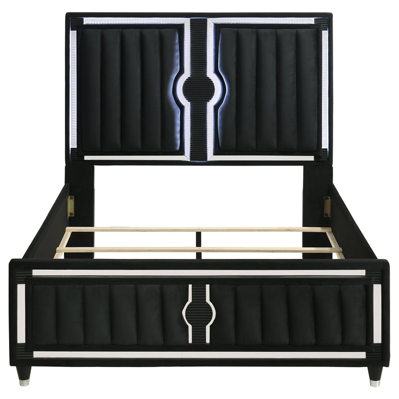 Coaster Ravenne Queen LED Upholstered Velvet Panel Bed in Black