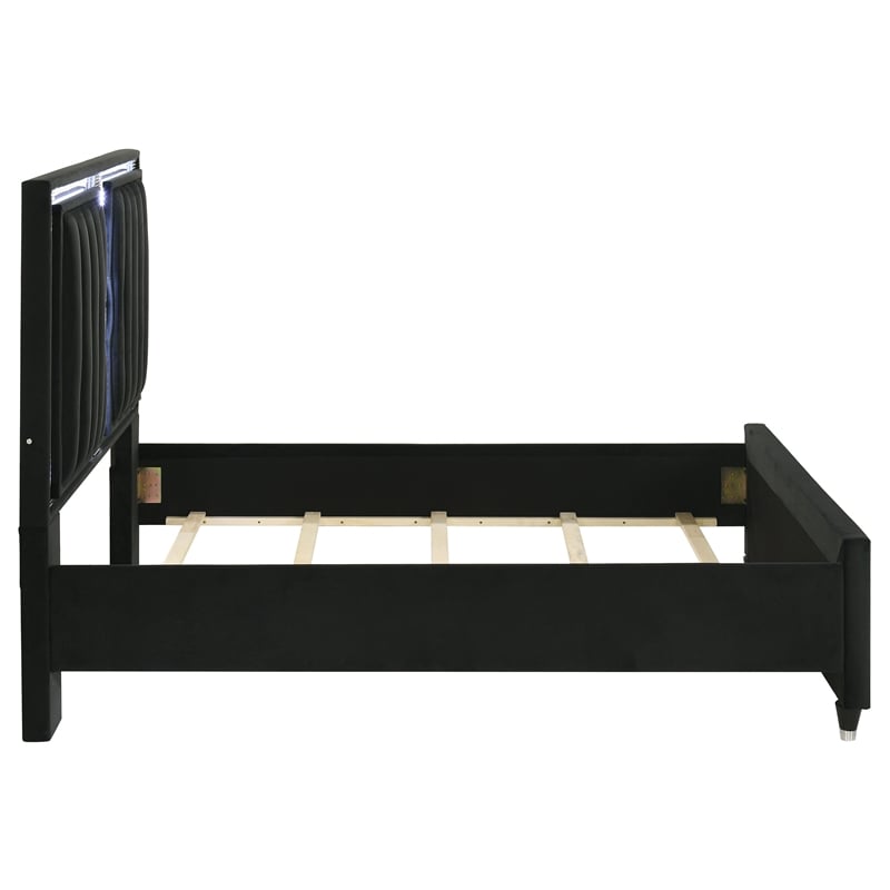 Coaster Ravenne Queen LED Upholstered Velvet Panel Bed in Black